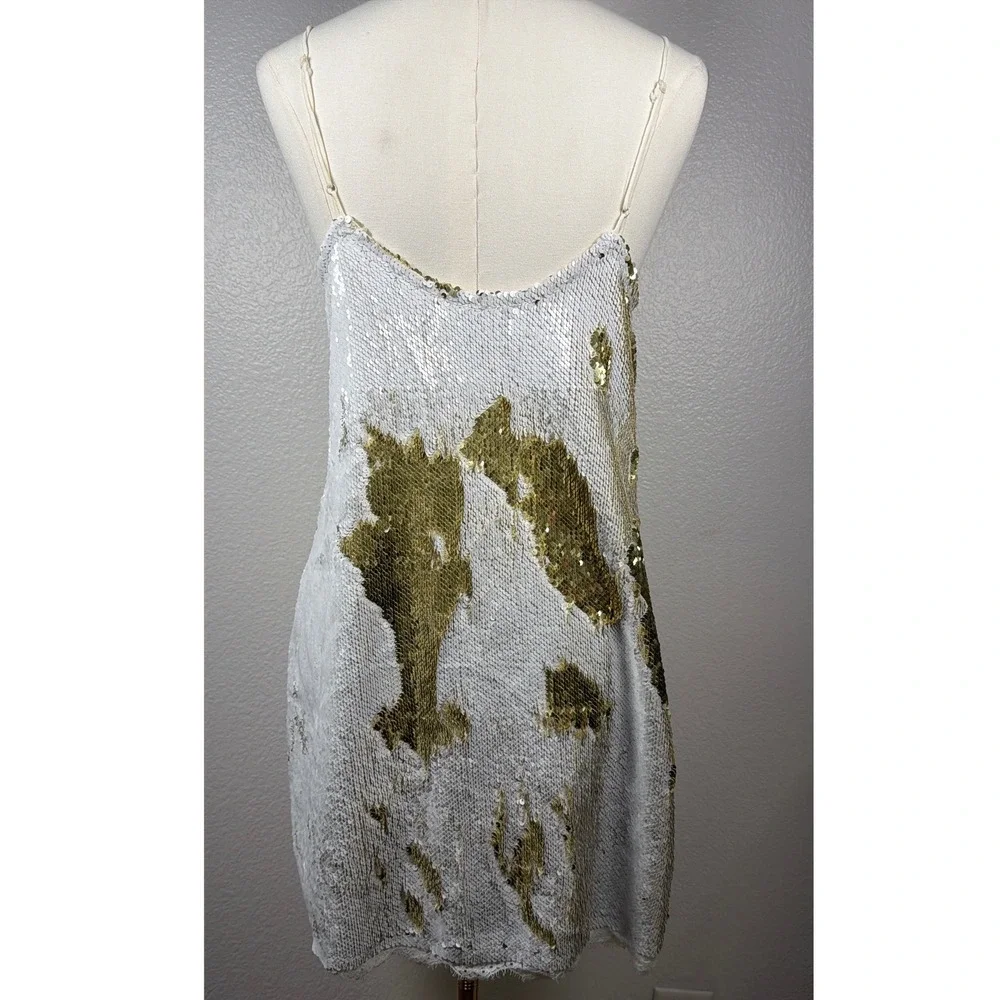 Intimately Free People Seeing Double Reverse Sequin Slip Mini Dress Gold Whit LG